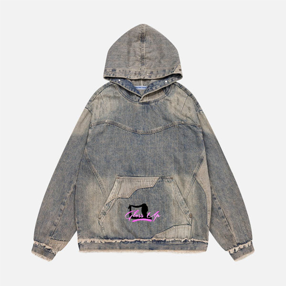 Unisex Washed Distressed Fuzzy Denim Hoodie